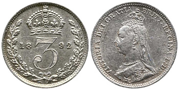 Великобритания 3 пенса 1892 Виктория (1837-1901) KM 758, Spink 3931 серебро  1518-735