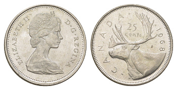 Канада 25 центов 1968 Елизавета II (1952-2022), олень KM 62a серебро 4622-926