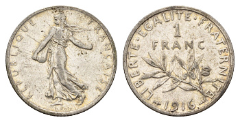 Франция 1 франк 1916 KM 844 серебро 93-243