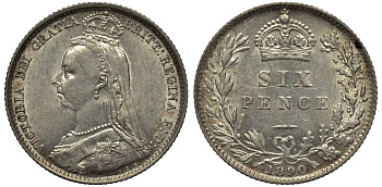Великобритания 6 пенсов 1890 Виктория (1837-1901) KM 760, Spink 3929 серебро UNC 1524-332