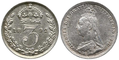 Великобритания 3 пенса 1892 Виктория (1837-1901) KM 758, Spink 3931 серебро  1518-735