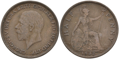 Великобритания 1/2 пенни 1932 Георг V (1910-1936) KM 837, Spink 4058 бронза 4589-924