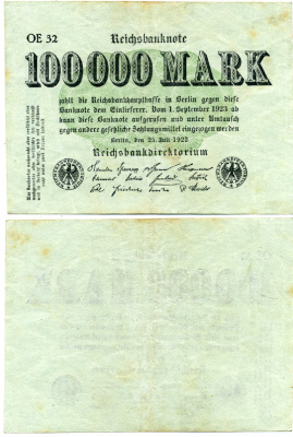 ГЕРМАНИЯ 100000 МАРОК 1923 ЗЕЛЕНАЯ Pick 91a бумага 3295-56-3