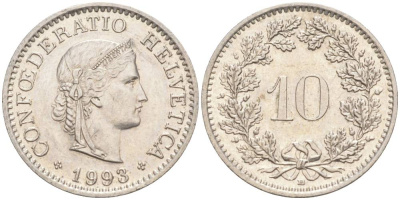 ШВЕЙЦАРИЯ 10 РАППЕНОВ 1993 В KM 27 медно-никель 55-536