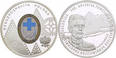 Польша 10 злотых 2009 100 лет со дня смерти Мечислава Карловича , польского композитора, пионера горнолыжного спорта, погибшего при сходе лавины в татрах в 1909 году, цветная эмаль KM 698 серебро PROOF 1087-4-65