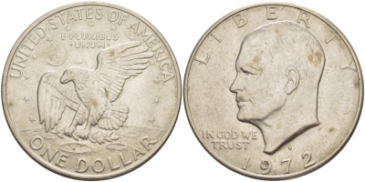 США 1 доллар 1972 D, Президент Эйзенхауэр, лунный орел KM 203 медь плакированная медно-никелем 4537-933