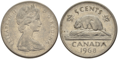 КАНАДА 5 ЦЕНТОВ 1968 БОБЕР, ЕЛИЗАВЕТА II KM 60.1 никель 4364-4455