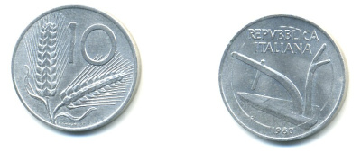 ИТАЛИЯ 10 ЛИР 1980 ПЛУГ, КОЛОСЬЯ KM 93 алюминий 4364-755