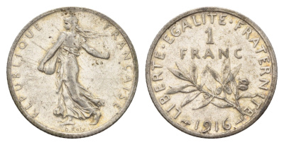 Франция 1 франк 1916 KM 844 серебро 93-243