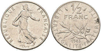 ФРАНЦИЯ 1/2 ФРАНКА 1983 СЕЯТЕЛЬ КМ 931, LE FRANC 198.22 никель 4564-1257