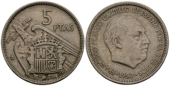 Испания 5 песет 1957 Франсиско Франко (1939-1975) KM 786 медно-никель 4176-446