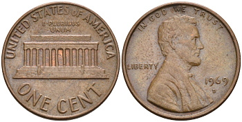 США 1 цент 1969 D, Линкольн KM 201 медь цинк 4115-851