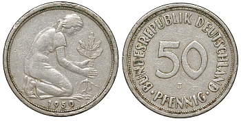 ФРГ 50 пфеннигов 1950 J KM 109, J. 384 медно-никель 4132-646