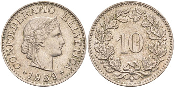 ШВЕЙЦАРИЯ 10 РАППЕНОВ 1959 В KM 27 медно-никель 55-317