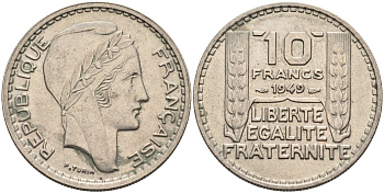 Франция 10 франков 1949 тип Пьер Турин, Petite Tete KM 909.1, Le Franc 362.6 медно-никель 81-1132