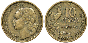 Франция 10 франков 1953 петух KM 915.1, Le Franc 363.8 алюминиевая бронза 51-2536