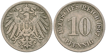 Германия 10 пфенингов 1897 A, Вильгельм II (1888-1918) KM 12 медно-никель 4529-512