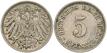 Германия 5 пфеннигов 1908 D KM 11, Jager 12, Weege 6 медно-никель 4364-3646
