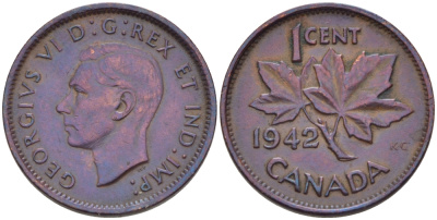 Канада 1 цент 1942 Георг VI (1937-1952), кленовый лист KM 32 бронза 31-1227