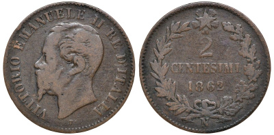 Италия 2 чентезимо 1862 N, Виктор Эммануил II KM 2.2 медь 00-00
