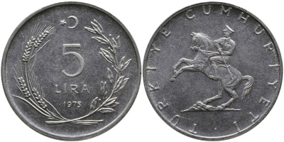 ТУРЦИЯ 5 ЛИР 1975 KM 905 нержавеющая сталь 29-134