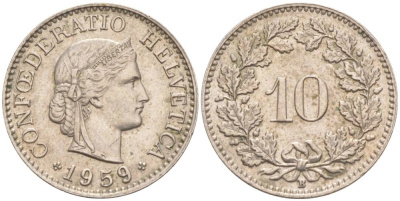 ШВЕЙЦАРИЯ 10 РАППЕНОВ 1959 В KM 27 медно-никель 55-317