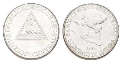 Никарагуа 5 сентаво 1994 голубь мира KM 80 хромированная сталь UNC 00-00