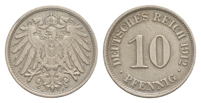 Германия 10 пфеннигов 1912 J, Вильгельм II (1888-1918) KM 12, J. 13 медно-никель 4640-325
