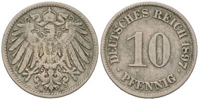 Германия 10 пфенингов 1897 A, Вильгельм II (1888-1918) KM 12 медно-никель 4529-512