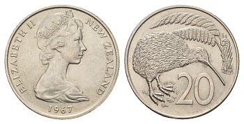 Новая Зеландия 20 центов 1967 Елизавета II (1952-2022), птичка киви KM 36 медно-никель UNC 4671-534