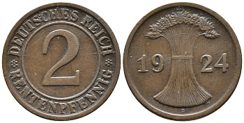 ГЕРМАНИЯ 2 РЕНТЕНПФЕННИГА 1924 D KM 31, J. 307 бронза 24-631