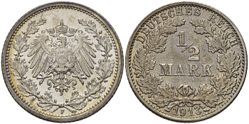 Германия 1/2 марки 1913 F J. 16, KM 17 серебро UNC 413-6013