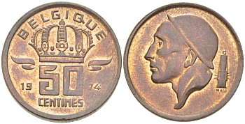 БЕЛЬГИЯ 50 САНТИМОВ 1974 BELGIQUE, БОДУЭН I (1951-1993) KM 148.1 бронза 206-216