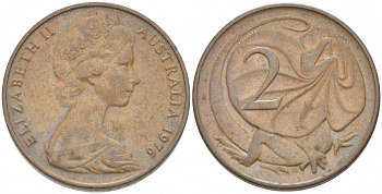 Австралия 2 цента 1976 Елизавета II (1952-2022), плащеносная ящерица (FRILLED LIZARD)  KM 63 бронза 3457-632