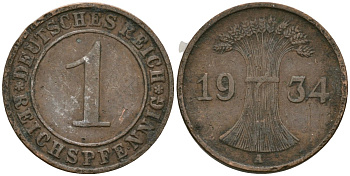 Германия 1 рейхспфенниг 1934 A KM 37, J. 313 бронза 4189-1234