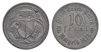Баден-Баден 10 пфеннигов 1919 Funck 26.1, Men05 1200.1, Men18 1558.1 цинк 4636-868