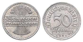 Германия 50 пфеннигов 1921 E KM 27, J. 301 алюминий aUNC 3856-1134