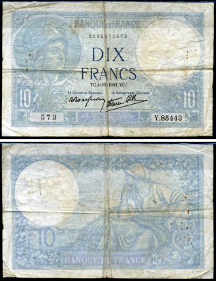 Франция 10 франков 1941 Pick 84 бумага 7457-21-3-2
