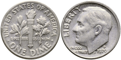 США 10 ЦЕНТОВ = 1 ДАЙМ 1970 D, РУЗВЕЛЬТ KM 195а медь плакированная медно-никелем 51-5064