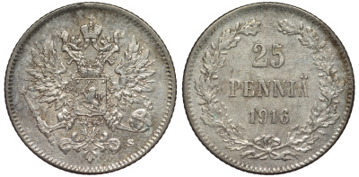 Россия для Финляндии 25 пенни 1916 S, Николай II (1894-1917) KM 6.2, Биткин 421 серебро 75-1346