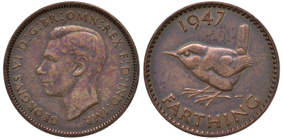 Великобритания 1 фартинг 1947 Георг VI (1936-1952) KM 843, Spink 4116 бронза 4122-713