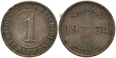 Германия 1 рейхспфенниг 1934 A KM 37, J. 313 бронза 4189-1234
