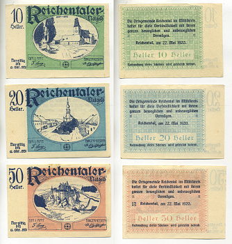 АВСТРИЯ НАБОР ИЗ 3 БАНКНОТ 1920 22 МАЯ 1920 - 15 ОКТЯБРЯ 1920, НОТГЕЛЬД, 10, 20, 50 ГЕЛЛЕРОВ, REICHENTAL бумага XF 7204-68-1