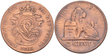 БЕЛЬГИЯ 2 САНТИМА 1863 BELGES, ЛЕОПОЛЬД I (1831-1865) KM 4.2 медь 4516-727