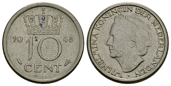 Нидерланды 10 центов 1948 Вильгельмина (1895-1948) KM 177 никель 45-1118