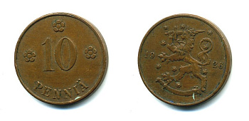 Финляндия 10 пенни 1926 республика (1918-1962) KM 24 медь 46-1511