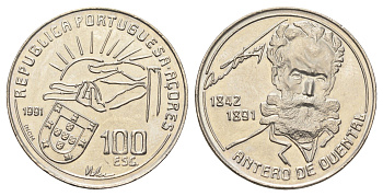Португалия, Азорские острова 100 эскудо 1991 100 лет со дня смерти Антеру де Кентал KM 46 медно-никель UNC 4661-146