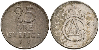 Швеция 25 эре 1963 U, Густав VI Адольф (1950-1973) KM 836 медно-никель 4147-1122