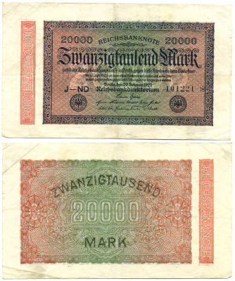 ГЕРМАНИЯ 20000 МАРОК 1923 20 ФЕВРАЛЯ 1923, ВОДЯНОЙ ЗНАК L Pick 85а бумага 7147-28-3