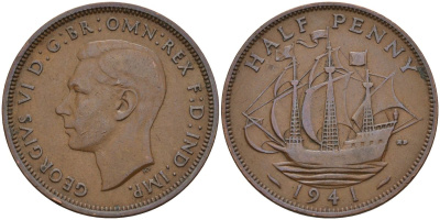 Великобритания 1/2 пенни 1941 Георг VI (1936-1952) KM 844, Spink 4115 бронза 4153-824